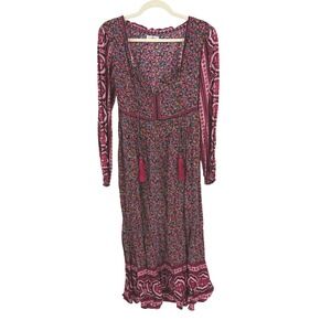 Natural Life Rosa Floral Paisley Boho Midi Dress Red Black Small Tassel Tie